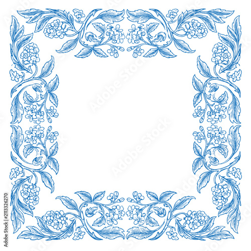 Blue Forget-Me-Not Floral Border Design with Delicate Blossoms and Leaves on White Background