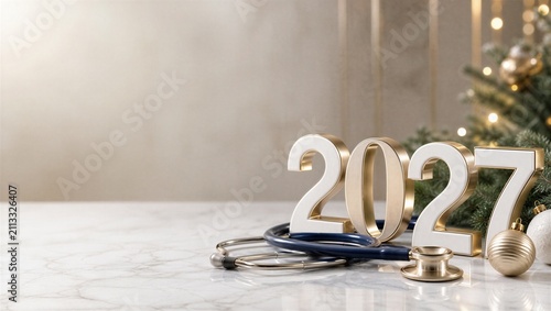 Elegant medical New Year 2027 banner with sculptural numerals, navy stethoscope and subtle gold ornaments on a marble surface with copy space.