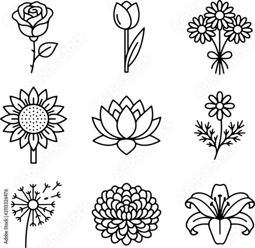 Nine delicate line drawings of various flowers including rose tulip daisy sunflower lotus and lily for graphic design