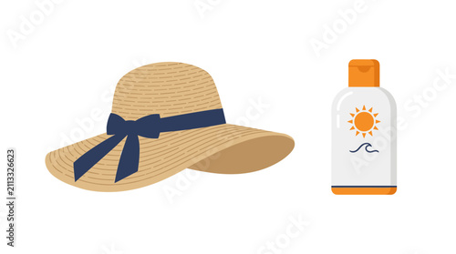 Straw sun hat with blue ribbon and sunscreen bottle with sun and wave icon