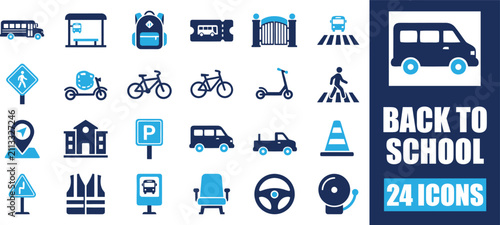 Fotografie A comprehensive vector icon set featuring various back to school and transport elements, including vehicles, signs, and school-related items, in a modern flat design style