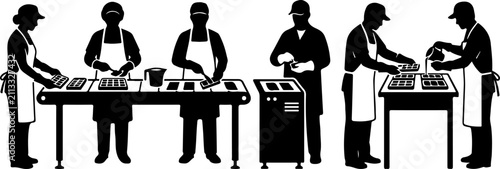 Silhouettes of workers in a food production or chocolate factory line vector illustration