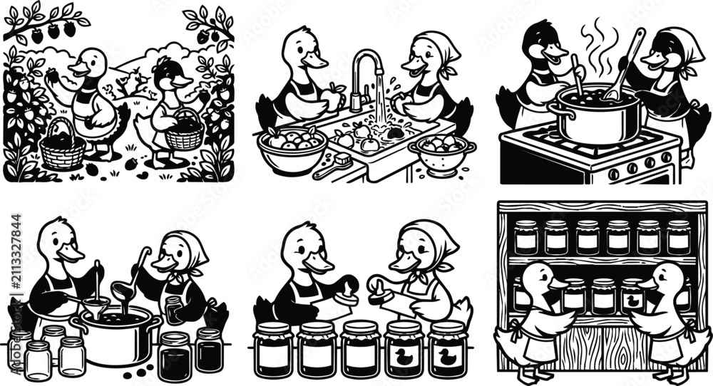 Fototapeta premium Ducks harvest berries and cook jars in a bustling kitchen scene vector illustration