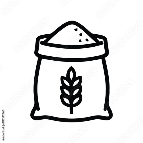 Bag of grain with wheat stalk black line illustration on white background