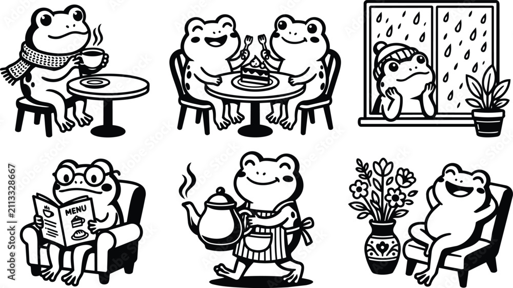 Fototapeta premium Frogs enjoying cafe scenes in vector line art illustration collection of joyful frogs