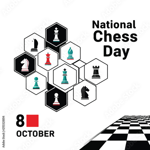 Foto National Chess Day celebration graphic, chess pieces in honeycomb hexagons, October 8 event banner
