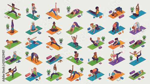 Colorful digital illustration of diverse people practicing yoga poses on mats in a lively studio setting showcasing mindfulness