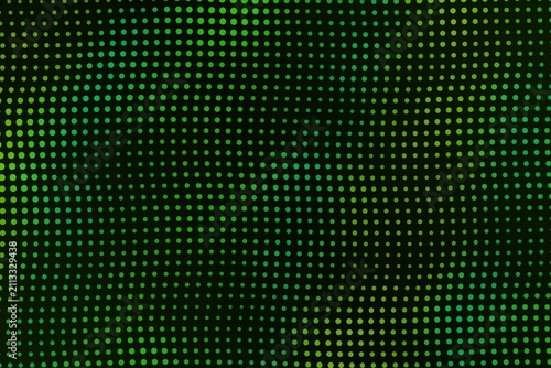 Abstract digital green dot pattern with wavy distortion on a black background for modern technology and science textures