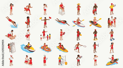 Vibrant summer beach scenes featuring children and adults engaging in surfing kayaking and water sports activities capturing