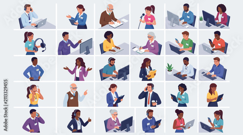 Diverse group of professionals engaging in remote work and virtual meetings in a modern office environment