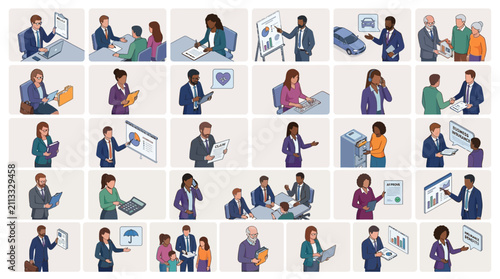 collaborative team members engaged in various professional activities across office and outdoor environments emphasizing