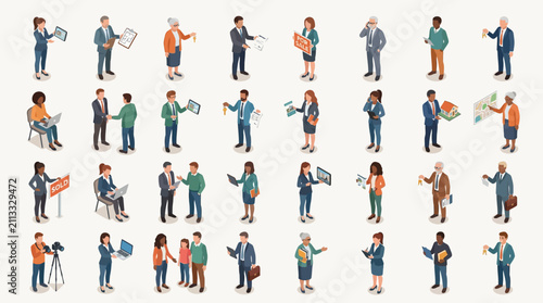 Diverse Group of Business Professionals Engaged in Various Workplace Activities and Interactions in a Modern Office Environment