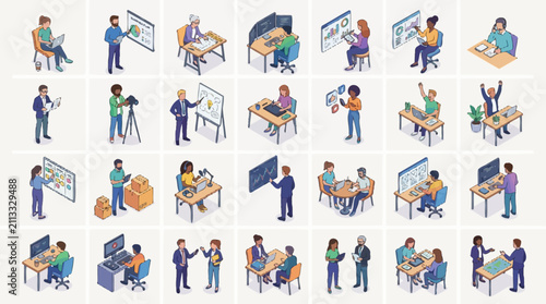 variety of professionals working in modern office environments with digital devices and collaborative activities