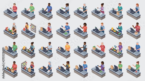 Diverse group of people shopping at supermarket checkout counters featuring fresh produce and household items