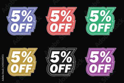 Set of  5 percent off sale sticker with   retail promotions vector illustration