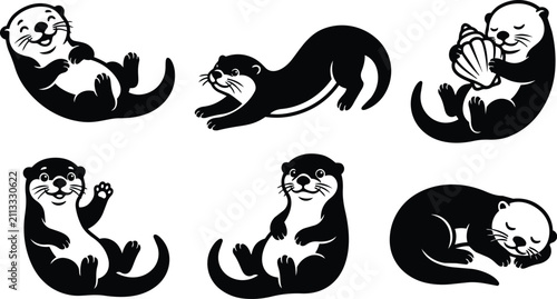 Six playful otter silhouettes vector set in black on white monochrome collection