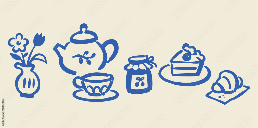 Obraz premium Tea Party Dessert Doodle Set Vector Illustration