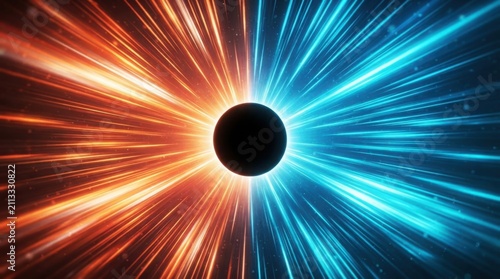 Abstract sun eclipse with orange and blue light rays radiating from a black central sphere in a dynamic space energy background.