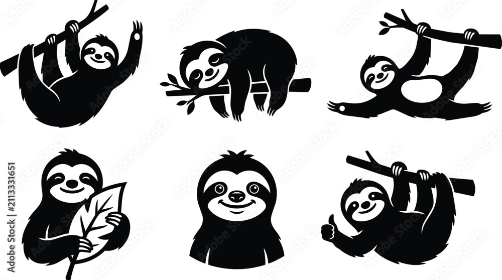 Fototapeta premium Six black and white sloth silhouettes for vector design on branch and leaf
