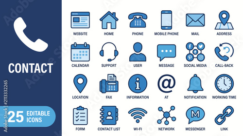 Flat blue contact icons set for website and app UI design, featuring phone, email, location, calendar, user, social and accessibility icons in vector style