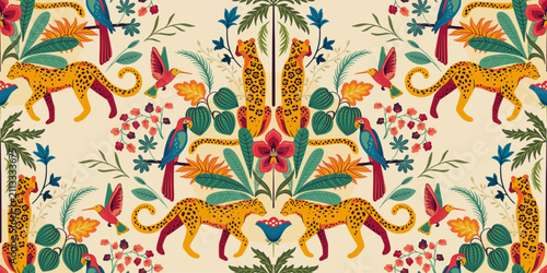 Vector seamless pattern with tropical plants and flowers, wild animals, cheetah, exotic birds
