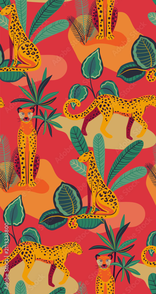 Obraz premium Vector seamless pattern with tropical plants and flowers, wild animals, cheetah.