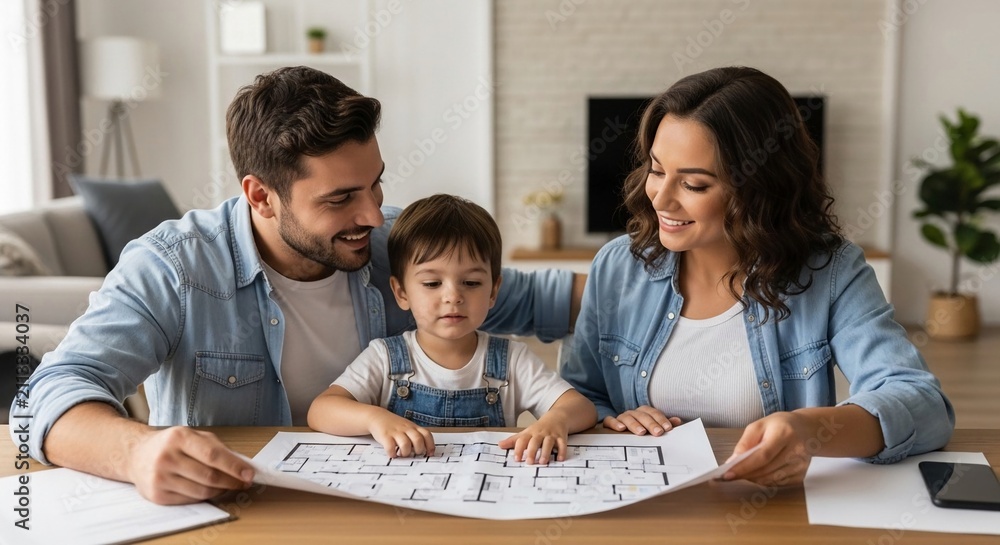 Fototapeta premium Young Family Examining House Blueprint Together Planning Their New Home