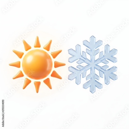 Weather icons of sun and snowflake, 3D glossy summer and winter symbols, hot and cold temperature concept on white background