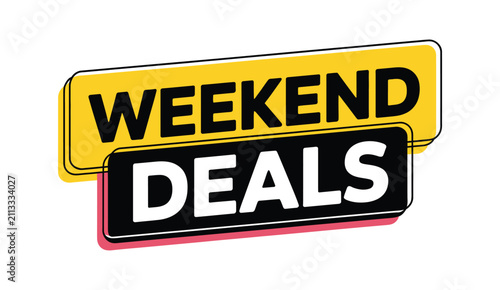 Weekend Deals banner featuring bold black and yellow text for retail promotion, shopping discount, special offer, ecommerce marketing and advertising vector illustration.
