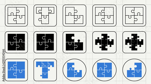 Diverse puzzle pieces forming a cohesive grid, blue and black icons illustrating teamwork, collaboration, and problem solving for business, education, and design.