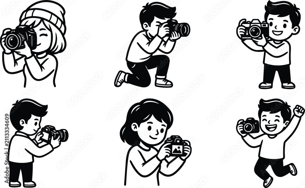 Fototapeta premium Cartoon children taking photos with cameras in playful group scene black and white line art style