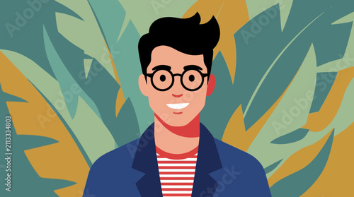 A friendly young man with glasses smiling in front of tropical leaves.