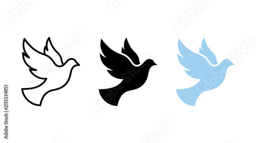 Three stylized dove silhouettes in white, black, and light blue, symbolizing peace and unity in a minimalist vector illustration