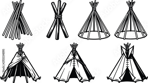 Tipi line art set: black and white teepees in vector style