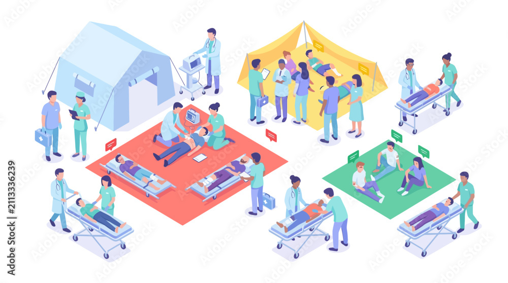 Naklejka premium Medical Emergency Response Scene with Multiple Healthcare Professionals Providing Care and Support in a Clinical Environment