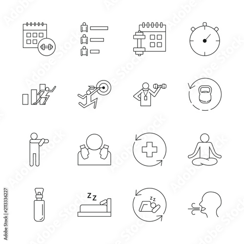 Minimalist Fitness Schedule and Wellness Line Icon Set