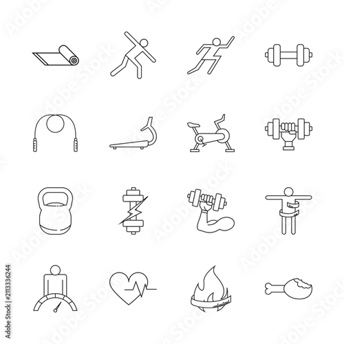 Fitness and Gym Line Icons Collection with Exercise Equipment and Healthy Lifestyle Symbols