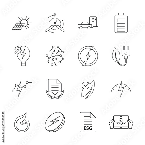 Renewable Green Energy and ESG Technology Line Icon Set