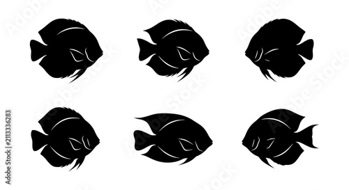 Six Black Silhouette Angelfish Vector Icons, Marine Life Aquatic Creatures Collection