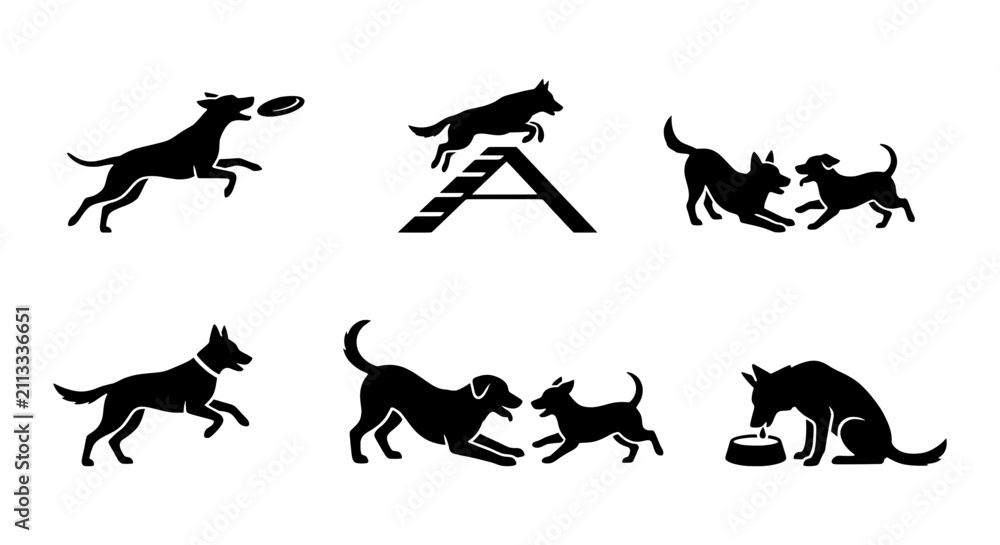 Fototapeta premium Dog Activity Silhouettes: Playing, Agility, Eating, 6 Vector Icons Set