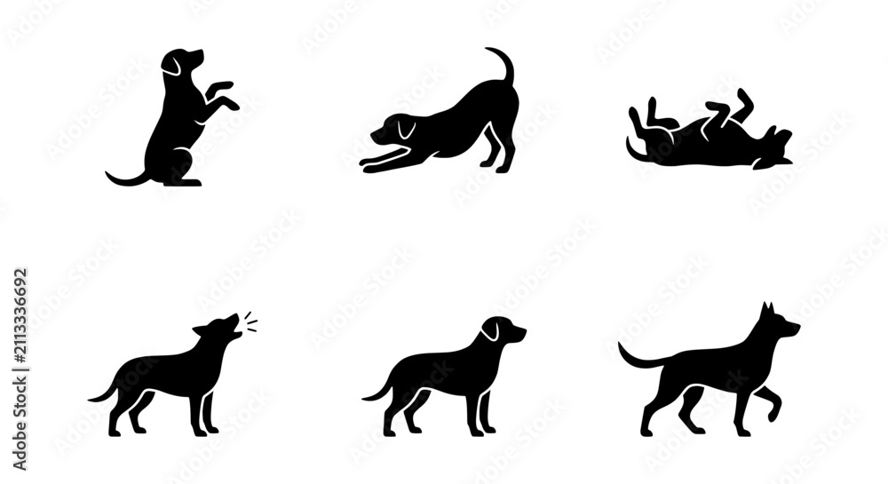 Obraz premium Dog Silhouette Icons, Pet Poses, Canine Actions, Animal Graphics, Vector Set