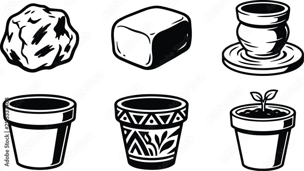 Obraz premium Vector line art collection of plant pots and containers in black and white