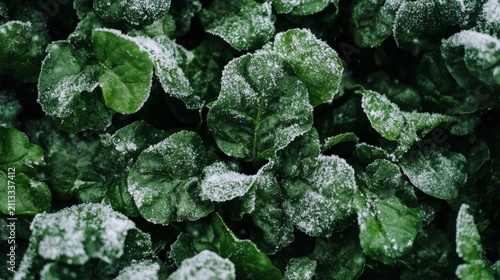 Close Up View of Leaves Covered with Snow