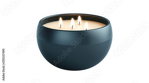 Four wick scented candle in dark round matte bowl with four glowing wicks on transparent background
