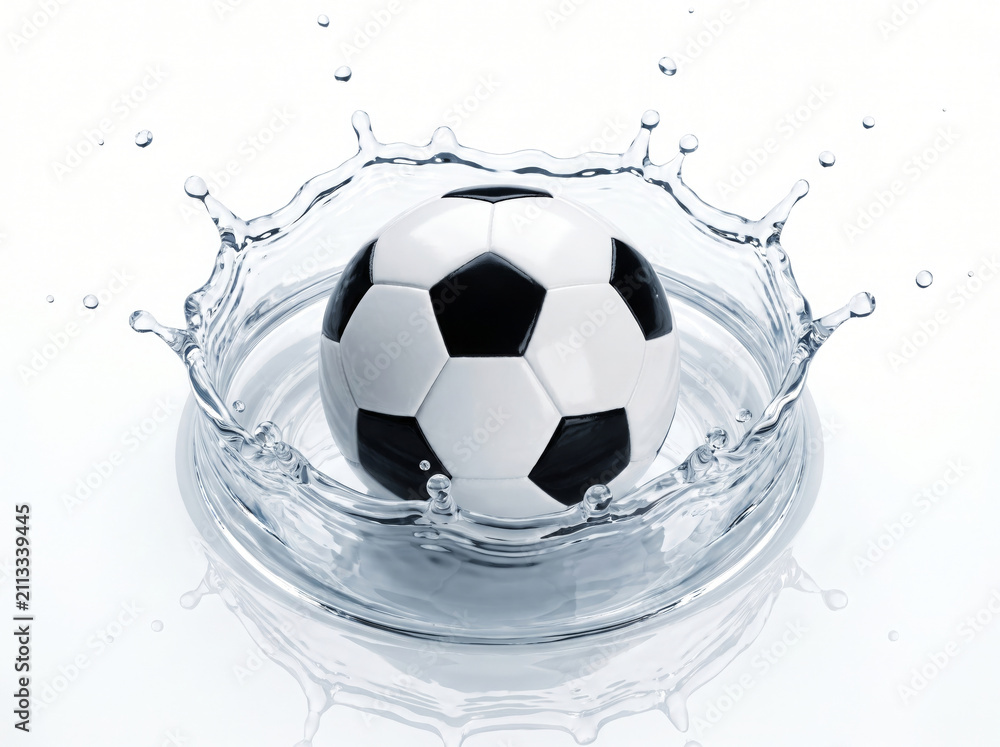 Naklejka premium Soccer Ball Creating Water Splash Dynamic Sports Concept