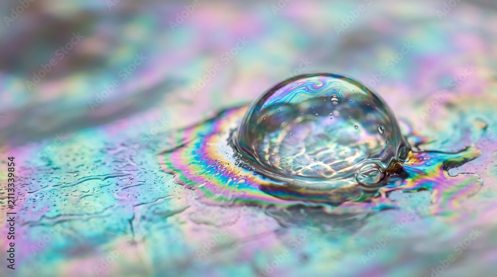 Fototapeta premium Macro view of a single oil droplet on a shimmering iridescent surface with multi colored iridescent colorful refraction reflection