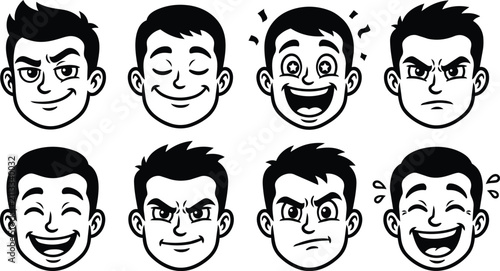 Принти на полотні Expressive male cartoon faces set in black line art vector illustration collecti