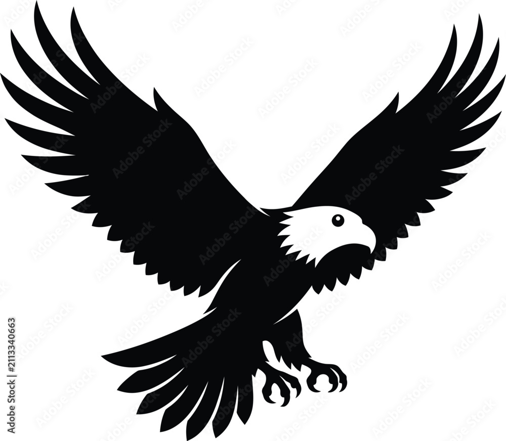 Obraz premium A minimalist black and white vector illustration of a majestic bald eagle flying with wings spread wide