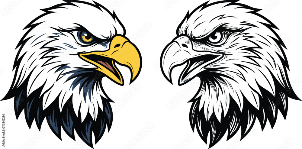 Fototapeta premium Two aggressive bald eagle head illustrations isolated on white background for sports team mascot logos
