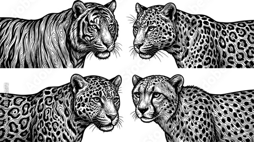 Photography Big cats including a tiger and a leopard are depicted in this sophisticated series of monochrome illustrations showcasing powerful wild feline predators